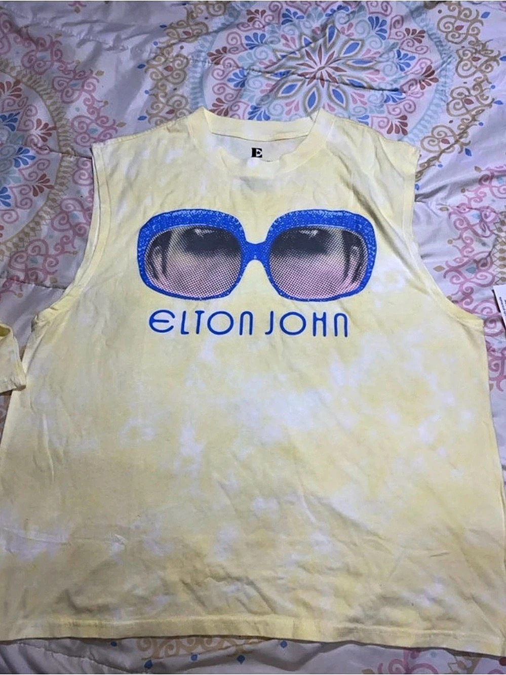 Elton John Tie-Dye Sunglasses Graphic Muscle Tank Top Yellow & Blue